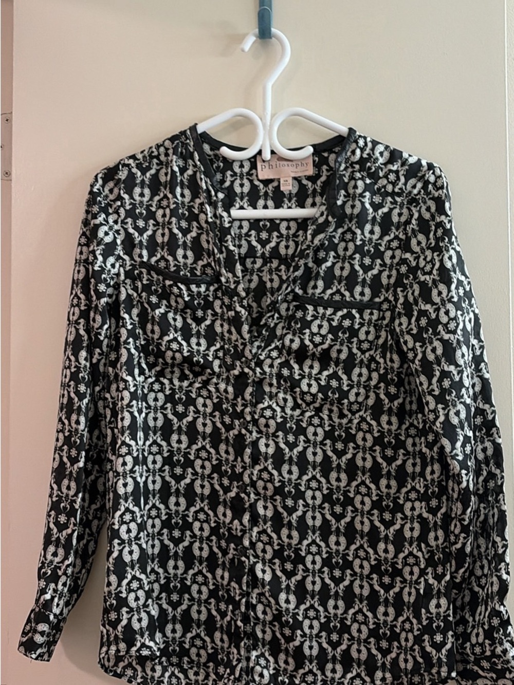 Philosophy Black and White Graphic V-Neck Blouse